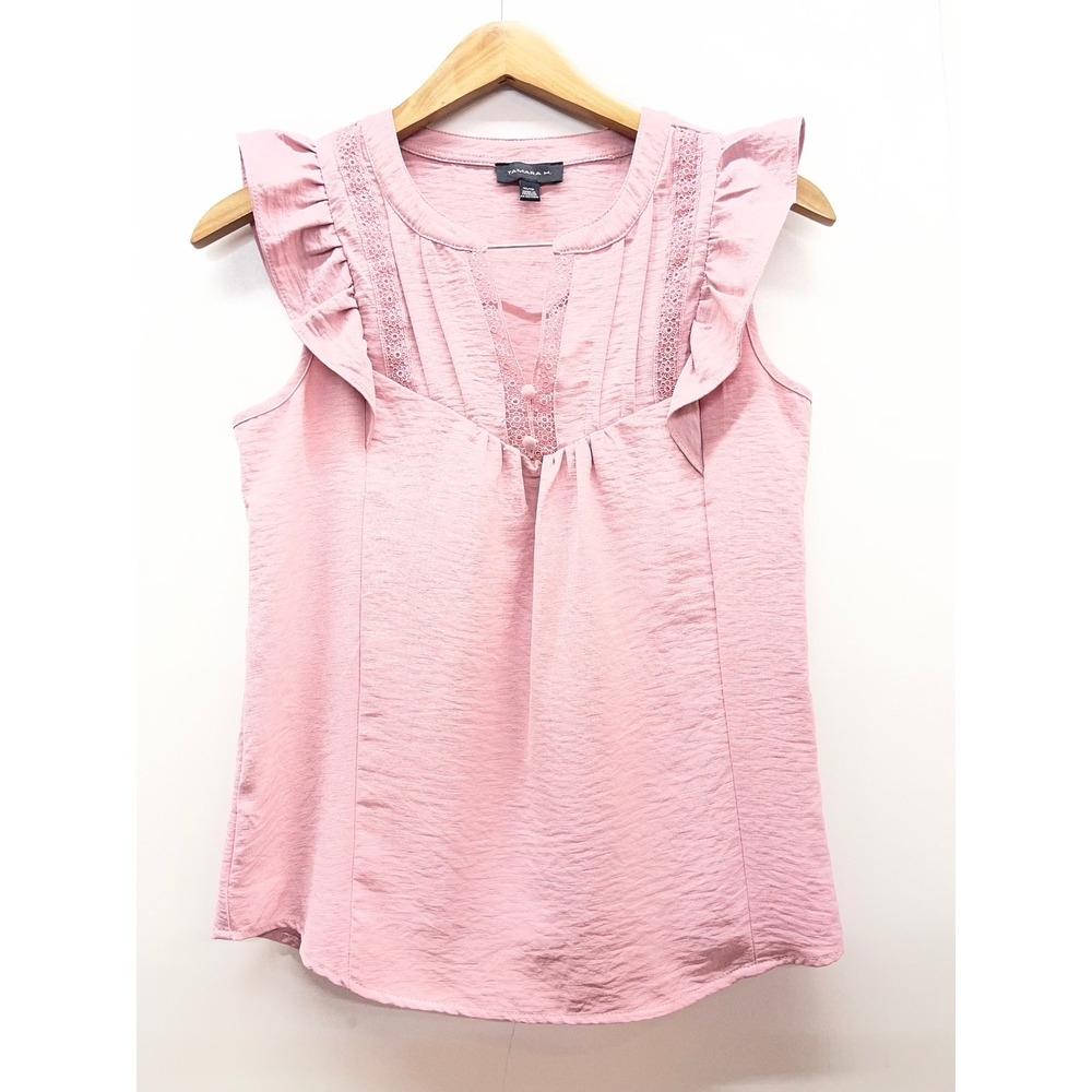 Tamara H Womens Pink Ruffle Lace Pintuck Sleeveless Blouse XS 050003